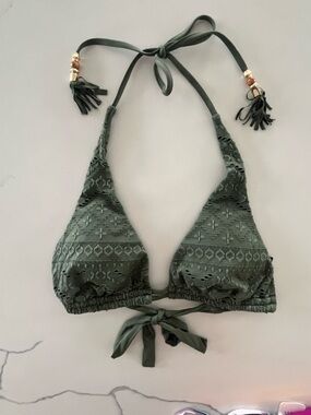 NWOT La Blanca Saltwater Sands Olive Green Eyelet Triangle Halter Bikini Top - 4